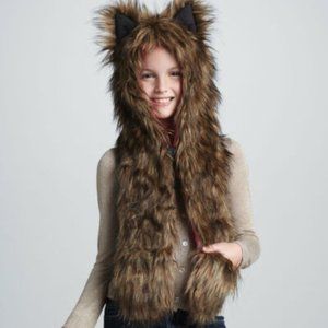 Neiman Marcus Skaist Taylor Kids Wolf Faux Fur Hooded Hat Scarf Size S-M